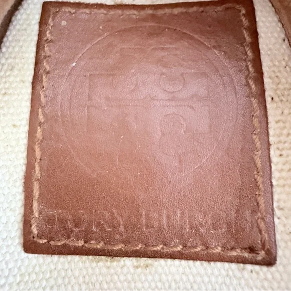 TORY BURCH Filipa Espadrille Wedges Cream Canvas Logo Summer Shoes size 7 - Picture 12 of 13